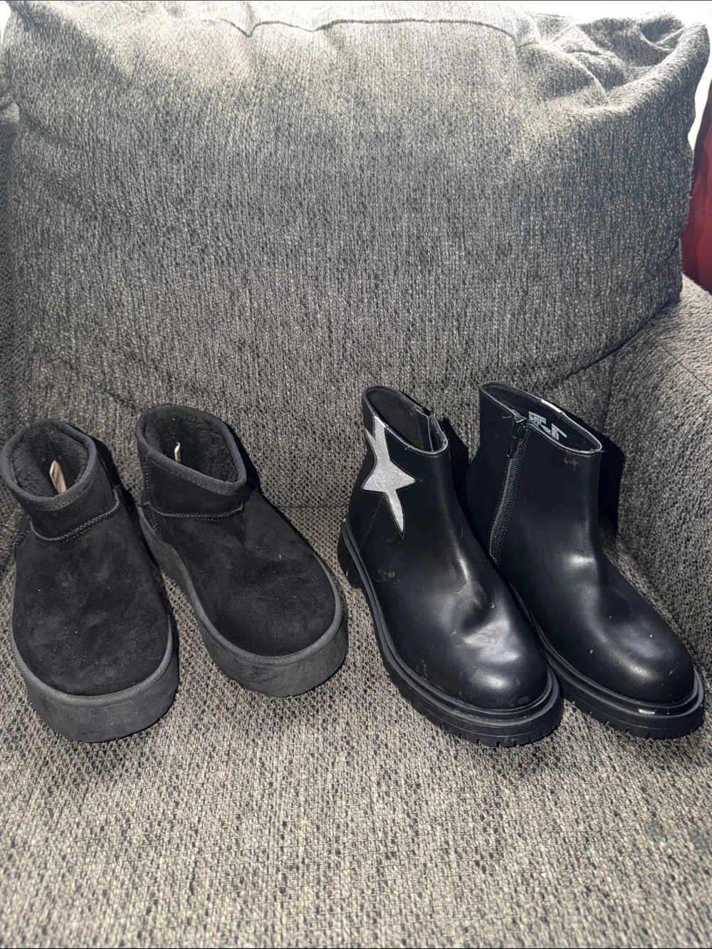 Black Platform Suede Slip-On Booties + Black Leather Star Ankle Boots - 2 Pairs